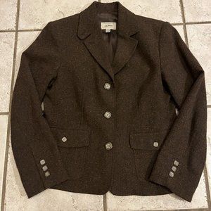 LL Bean Shetland Wool Herringbone Blazer Tweed Jacket Lined Womens Small Brown